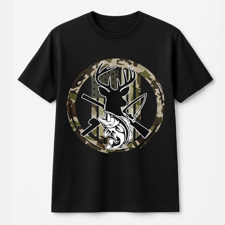 Hunting Fishing Graphic T-Shirt | Camo American Flag Deer Antlers Design | Premium Cotton Tee | Outdoor Gift for Men and Women