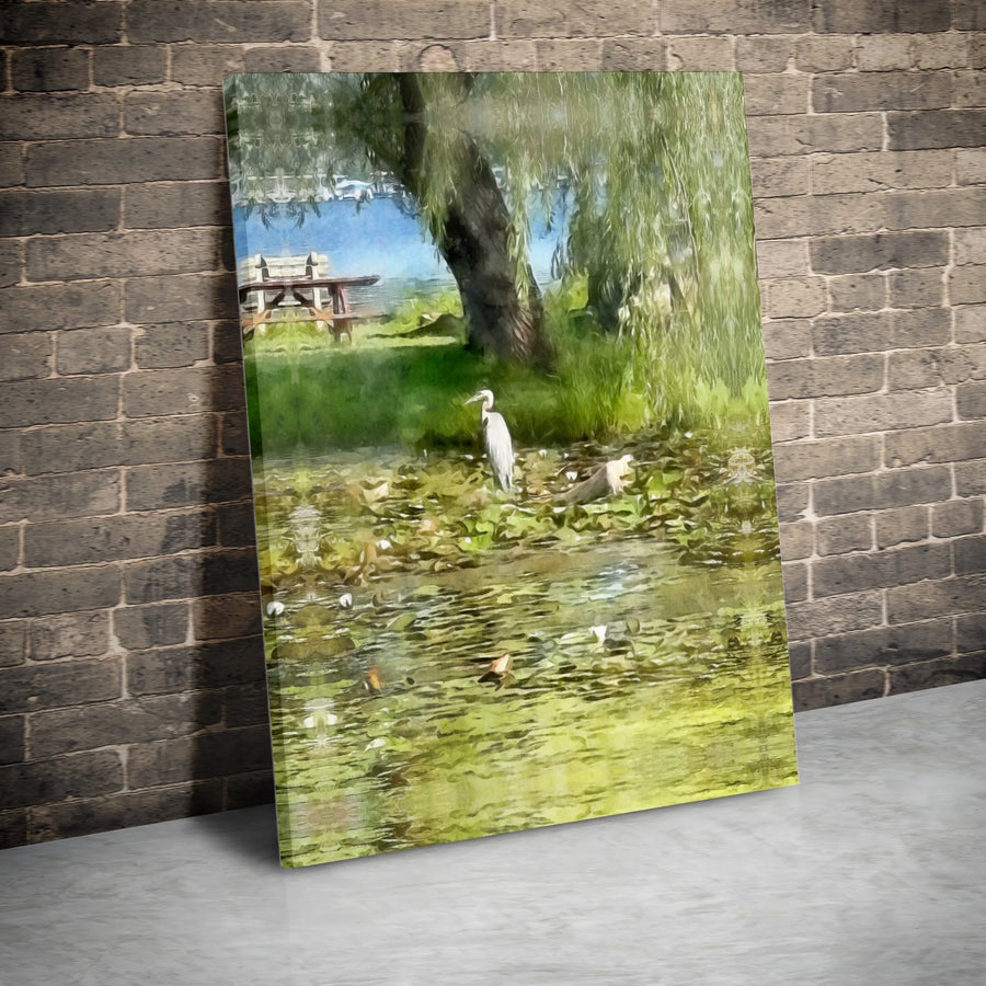 Heron Canvas Wall Art | Watercolor Pond Landscape with Weeping Willow | Premium Gallery Wrap 1.25" Profile | Nature Lover Home Decor Gift