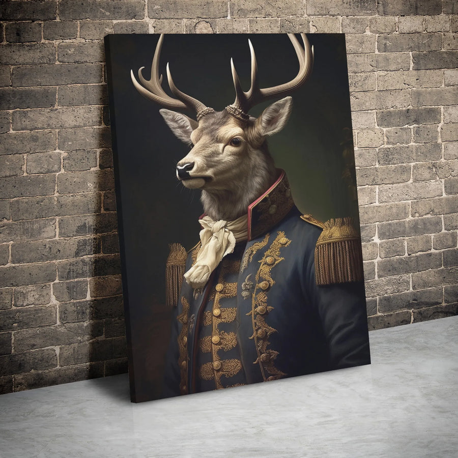 Regal Deer General Canvas Print | Anthropomorphic Royal Military Portrait | Premium Gallery Wrap Wall Art | Unique Home Office Decor Gift