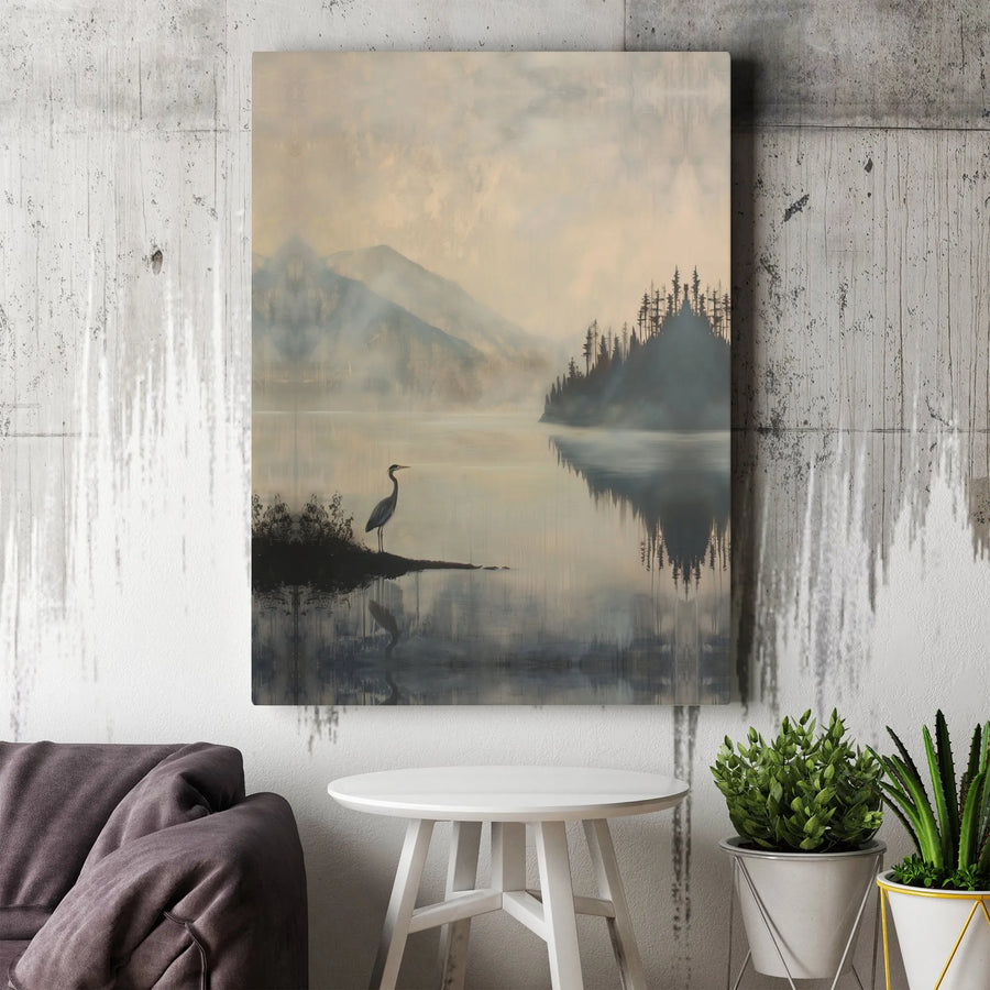 Heron on Misty Lake Canvas Print | Serene Mountain Landscape Wall Art | Gallery Quality Framed or Unframed | Modern Home Decor Gift