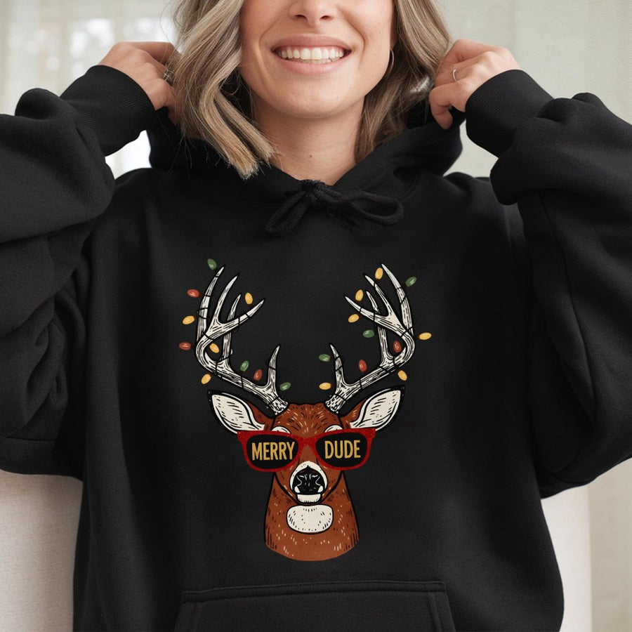 Merry Dude Reindeer Hoodie | Funny Christmas Deer with Lights Graphic | Cotton-Poly Premium Blend | Holiday Gift for Men and Women