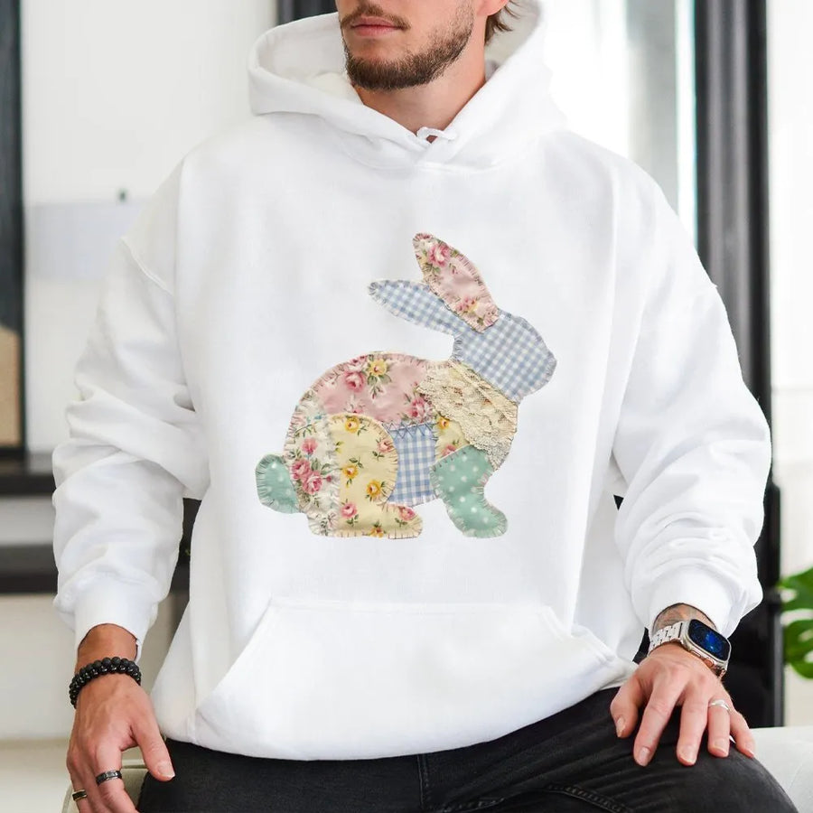 Patchwork Easter Bunny Hoodie | Floral Cottagecore Rabbit Graphic | Premium Cotton Blend Pullover | Cute Spring Gift for Women & Girls