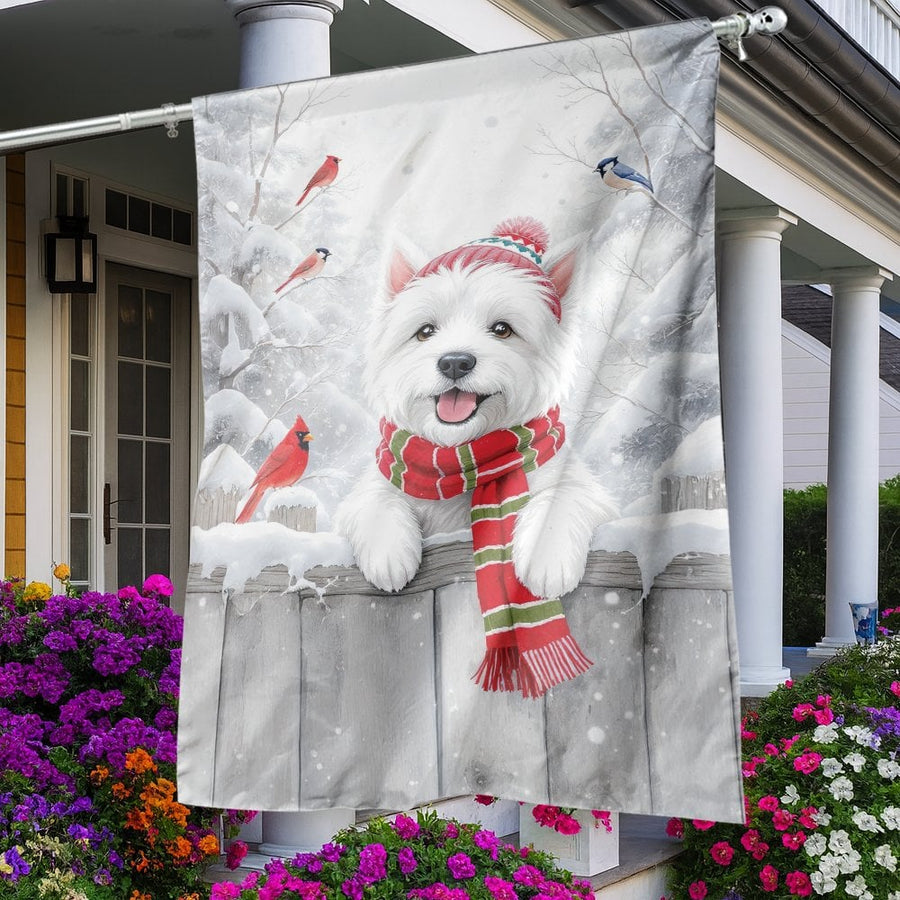 Westie Dog Garden Flag | Winter Cardinal Snow Scene | Premium Polyester Weather-Resistant Decor | Christmas Holiday Yard Garden Banner Gift