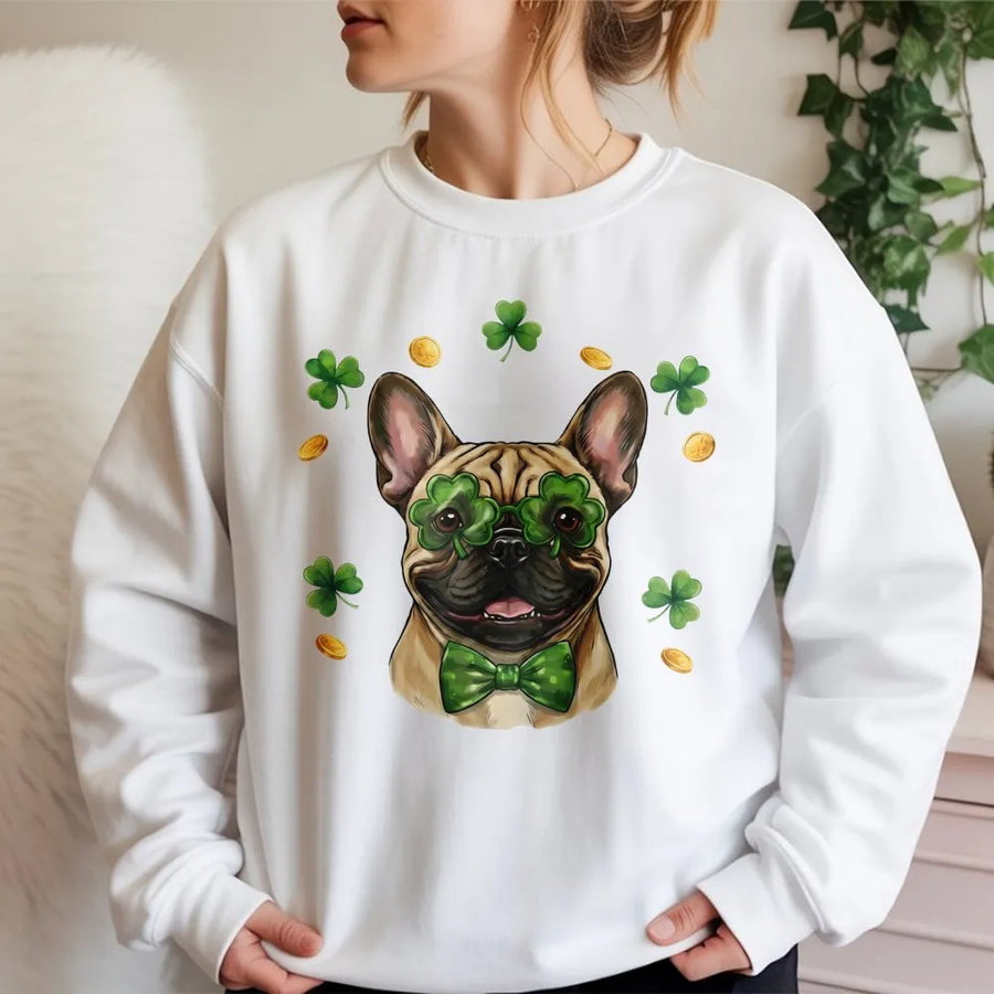 French Bulldog St. Patrick's Day Sweatshirt | Funny Clover Glasses Graphic | Premium Cotton Blend | Lucky Dog Mom Gift