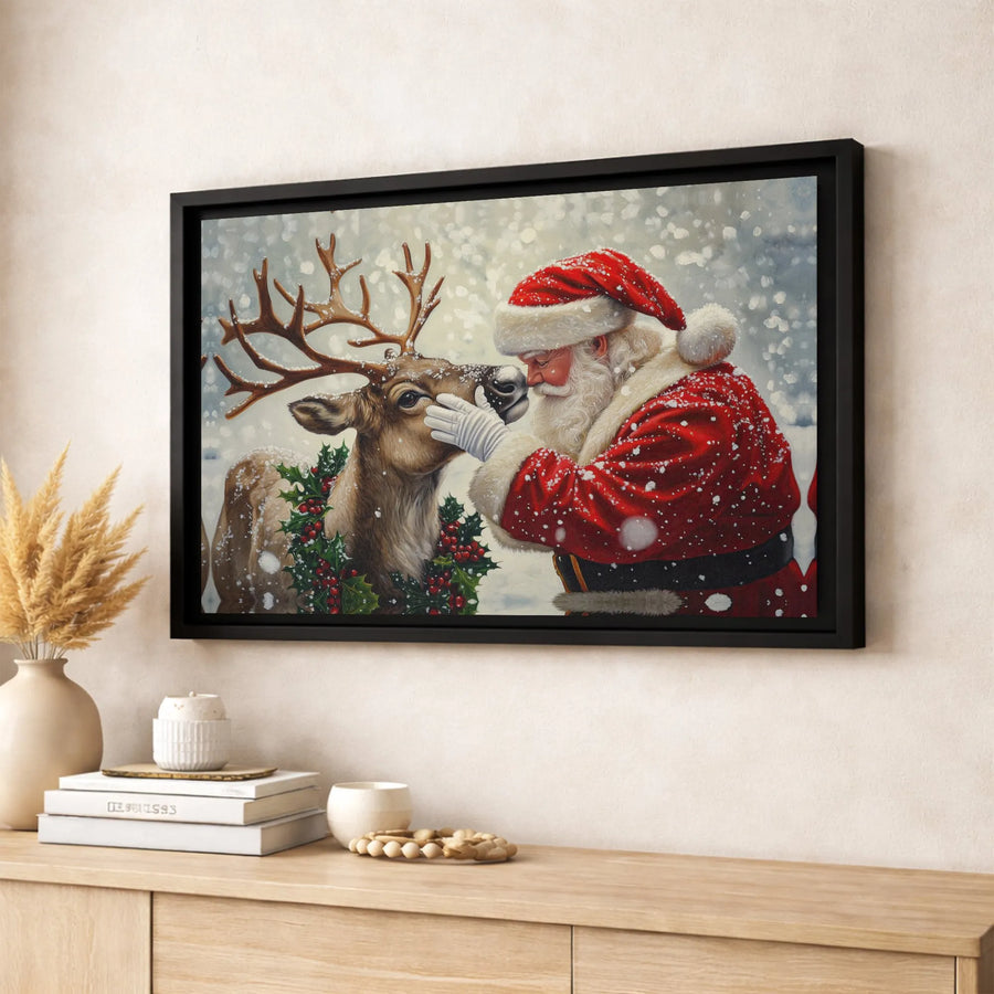 Santa and Reindeer Canvas Wall Art | Whimsical Christmas Holiday Scene | Premium Fade-Resistant Print | Festive Home Decor Gift