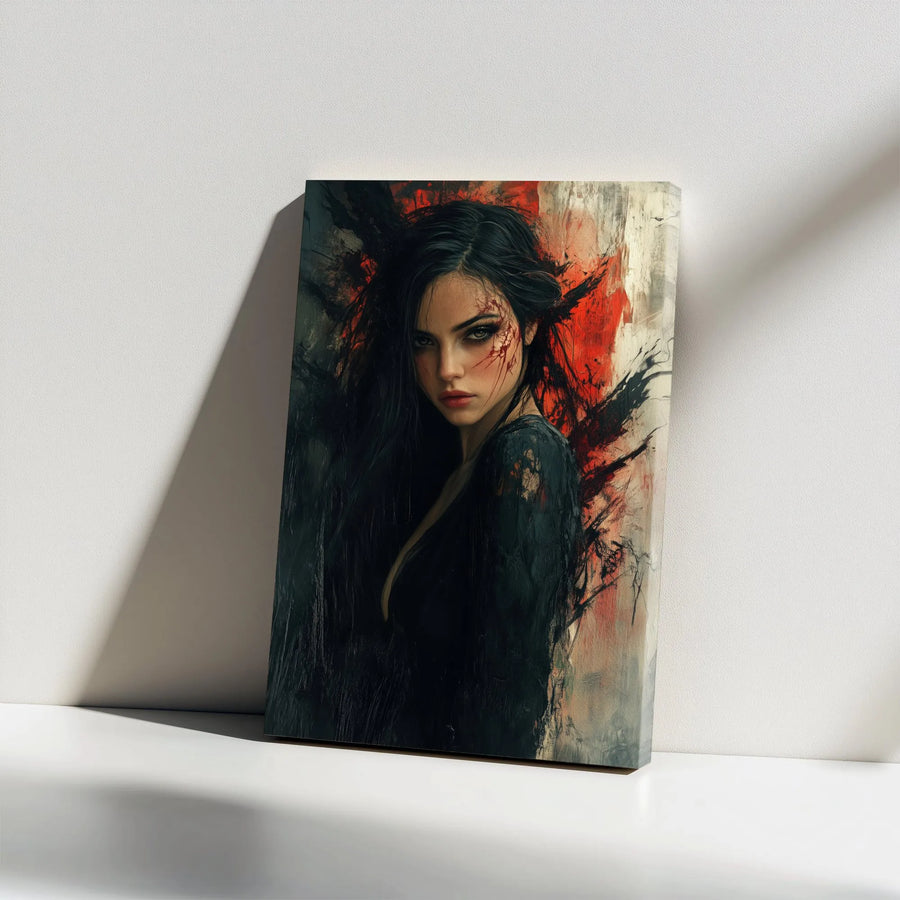 Dark Fantasy Portrait Canvas | Moody Abstract Red and Black Wall Art | Premium Gallery Wrapped Print | Modern Gothic Home Decor Gift