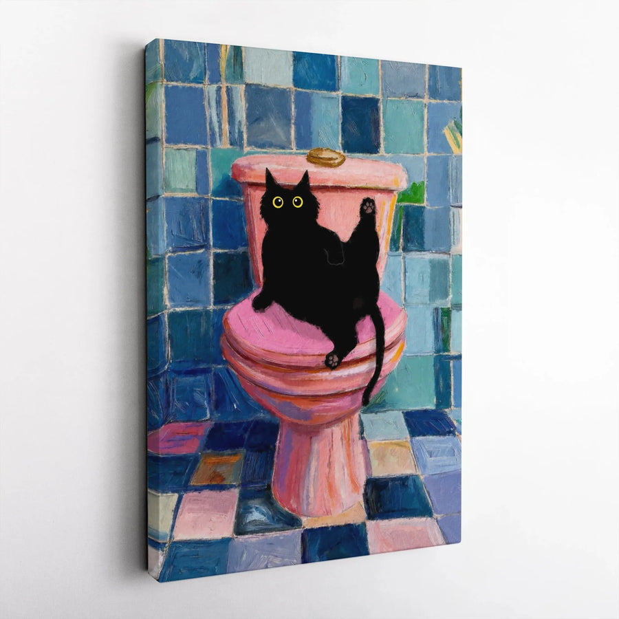Funny Black Cat Canvas Wall Art | Cat on Toilet Painting Print | Premium Gallery Wrap | Unique Bathroom Decor Gift for Cat Lover