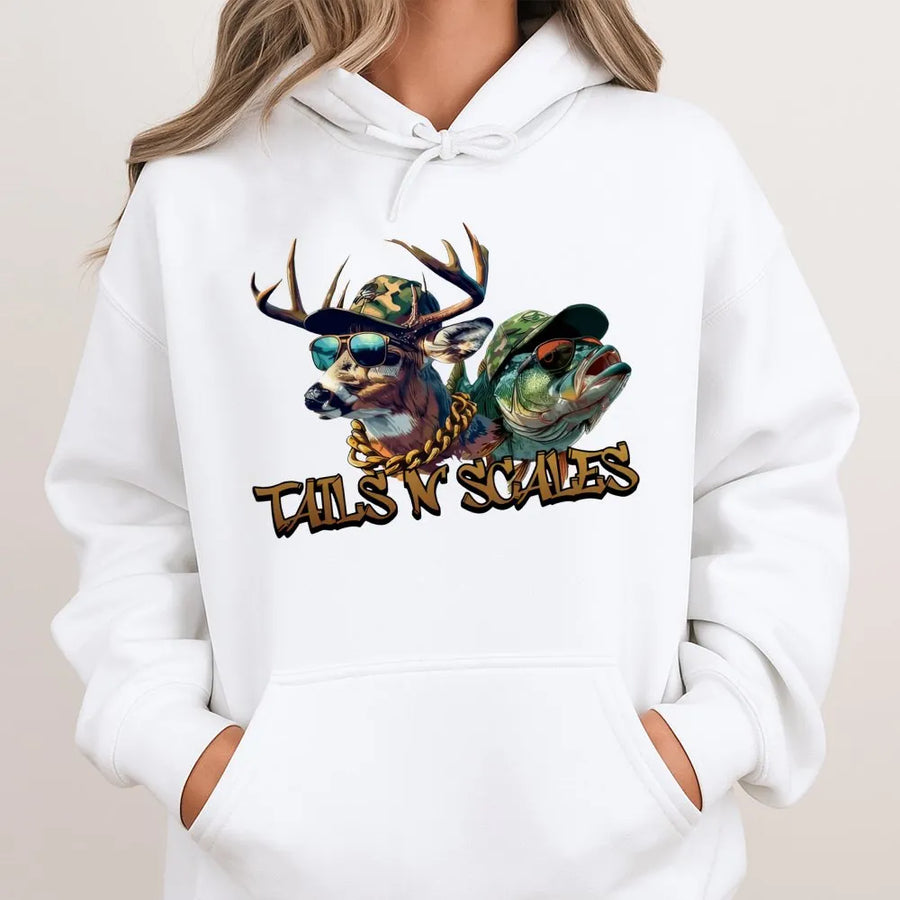 Hunting and Fishing Hoodie | Tails N Scales Deer Bass Graphic | Premium Unisex Pullover | Outdoor Gift for Sportsmen and Outdoorsmen