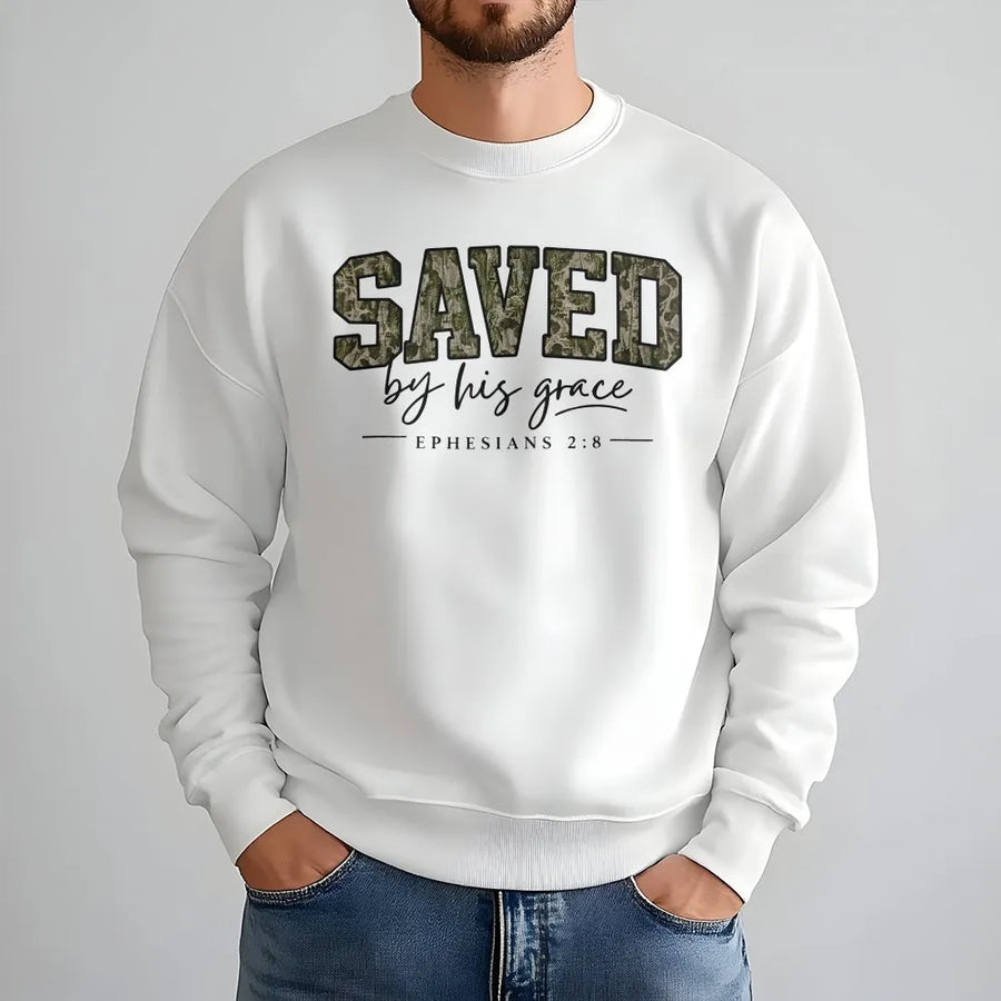 Saved By Grace Sweatshirt | Camo Print Bible Verse Graphic | Soft Cotton Blend | Christian Faith Apparel Gift for Men & Women
