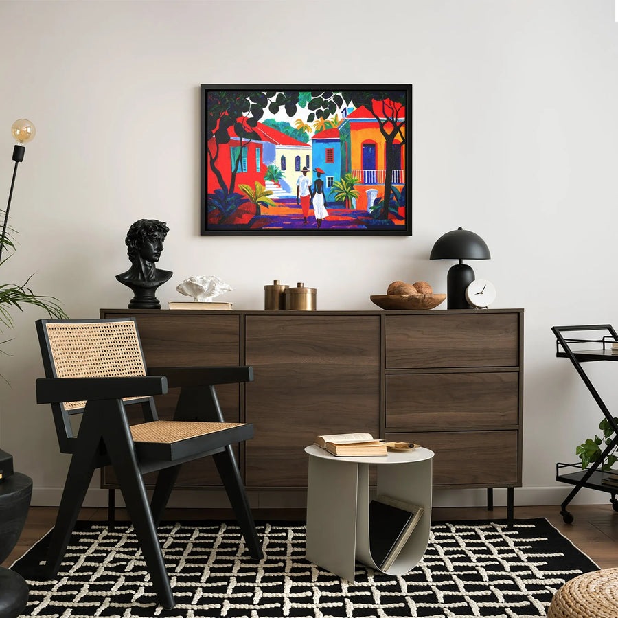 Caribbean Village Canvas Wall Art | Colorful Tropical Street Painting | Premium Gallery-Wrapped Print | Vibrant Travel Home Decor Gift