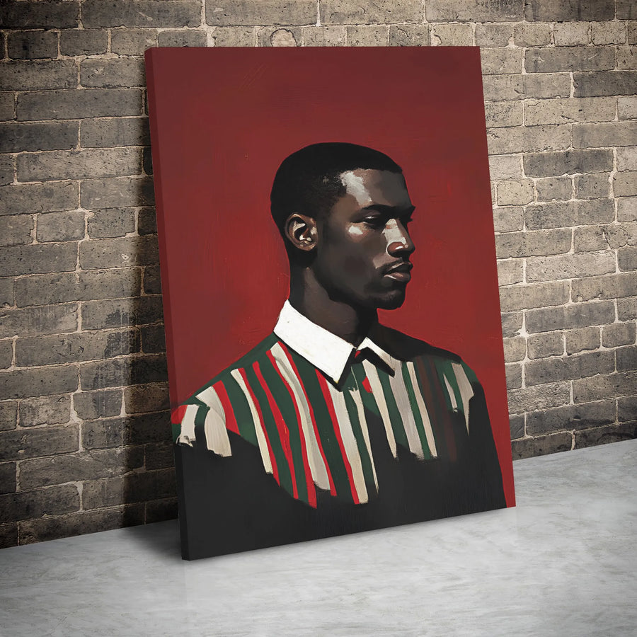 Modern Black Man Portrait Canvas Wall Art | Red Background Oil Painting Style | Premium Gallery Wrap Print | Sophisticated Home Decor Gift