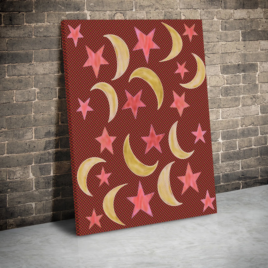 Celestial Stars and Moon Canvas Wall Art | Pop Art Halftone Red Print | Premium Gallery Wrap Decor | Modern Nursery or Bedroom Gift