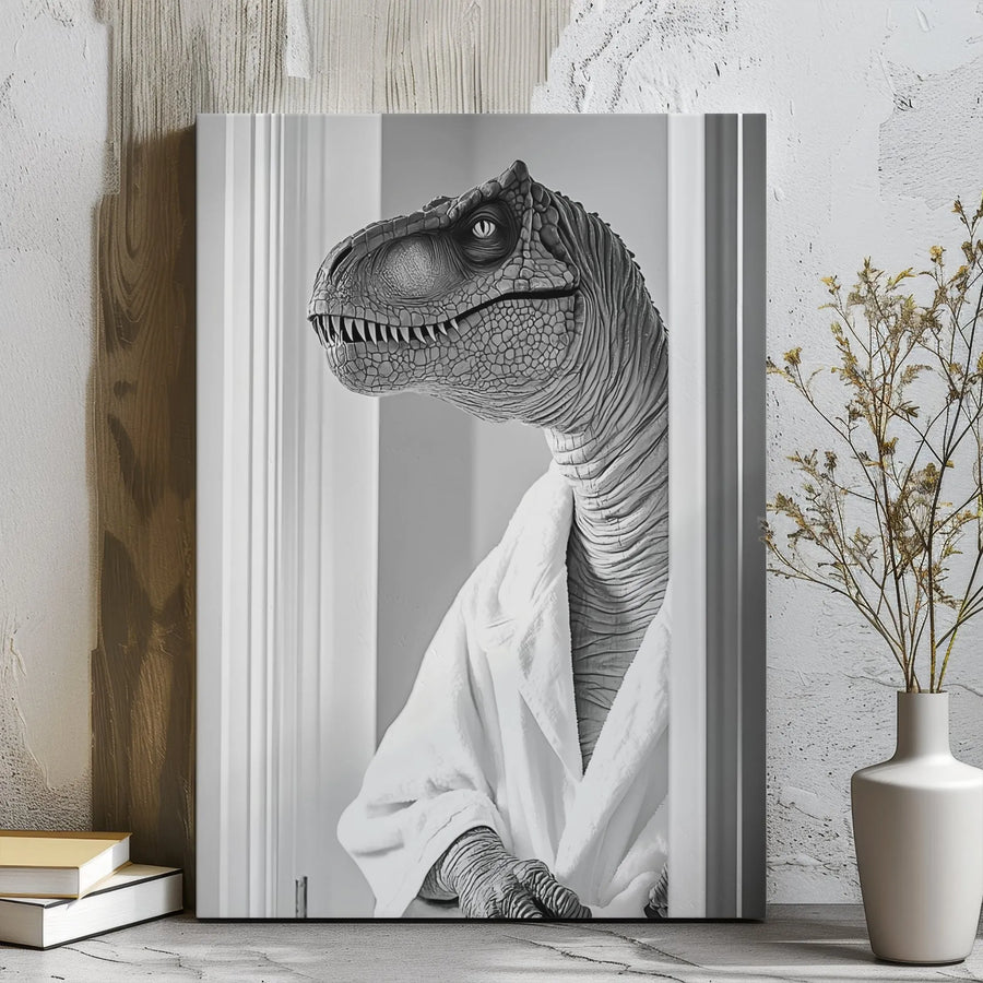 T-Rex Canvas Wall Art | Funny Dinosaur Wearing Bathrobe | Premium Gallery Wrap Print | Modern Quirky Home Decor Gift