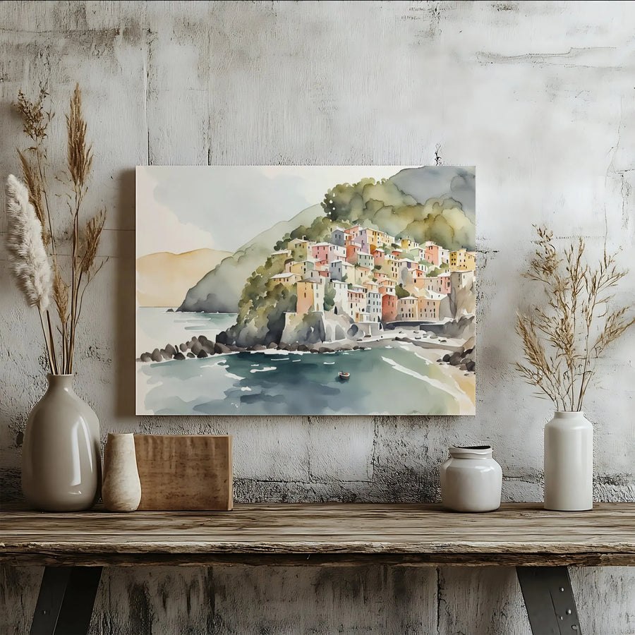 Italian Coastal Village Canvas Print | Watercolor Mediterranean Seaside Landscape | Premium Gallery Wrap Wall Art | Travel Home Decor Gift