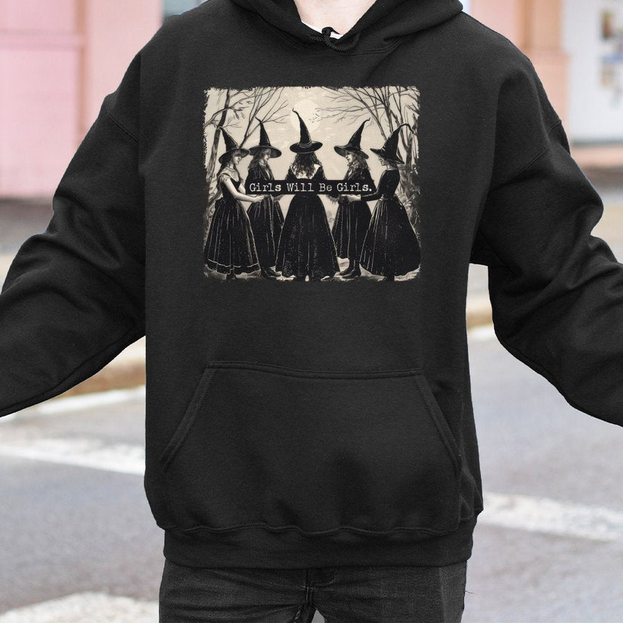 Girls Will Be Girls Witch Hoodie | Vintage Gothic Illustration Graphic | Premium Cotton Blend Pullover | Feminist Occult Gift for Women