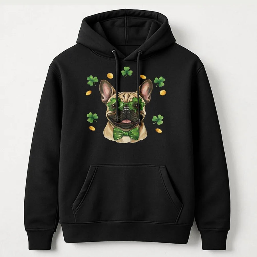 French Bulldog St. Patrick's Day Hoodie | Lucky Shamrock Glasses Graphic | Premium Cotton Blend | Funny Dog Mom Gift for Holiday Party