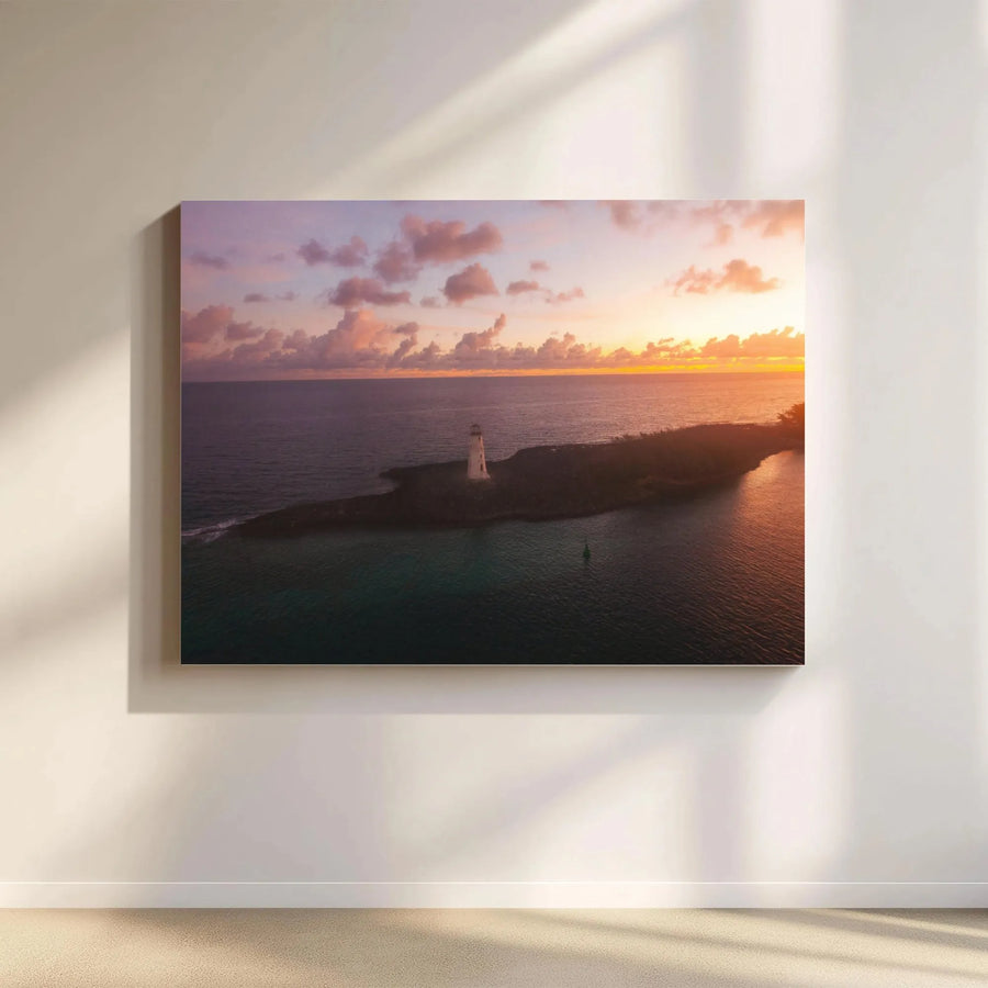 Lighthouse Island Canvas Wall Art | Golden Hour Sunset Seascape Print | Premium 1.25-Inch Gallery Wrap | Coastal Home Decor Gift for Beach Lovers