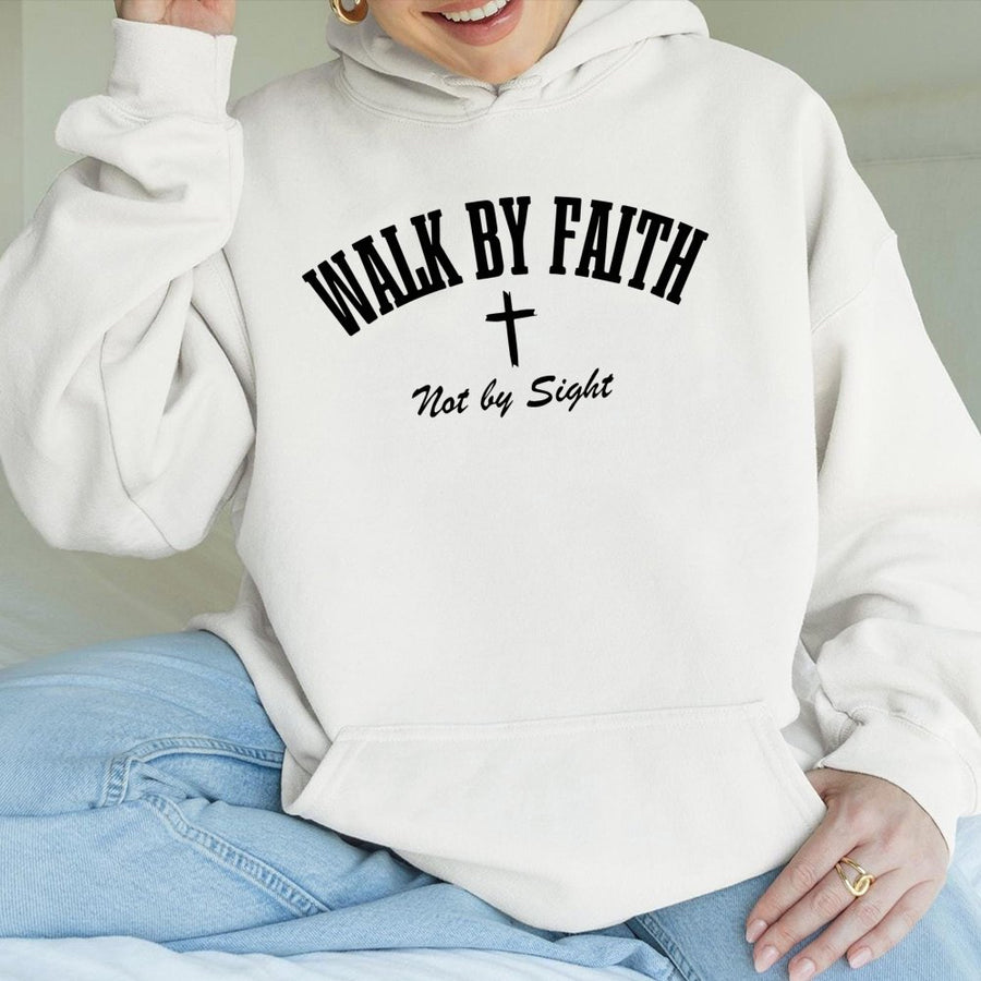 Walk By Faith Hoodie | Not By Sight Cross Graphic | Soft Cotton-Blend Premium Apparel | Christian Gift For Men And Women Religious Faith Wear