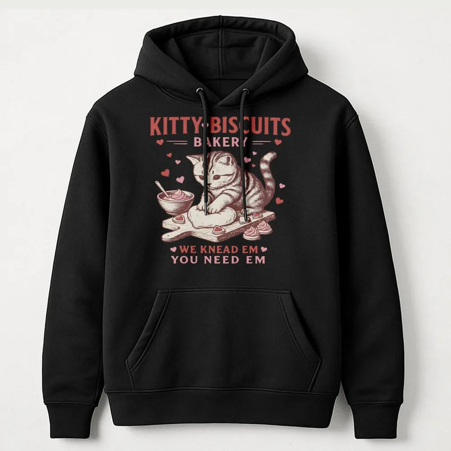 Kitty Biscuits Bakery Hoodie | Cute Baking Kitten Graphic Design | Premium Cotton-Polyester Blend | Funny Cat Lover Gift for Women and Men