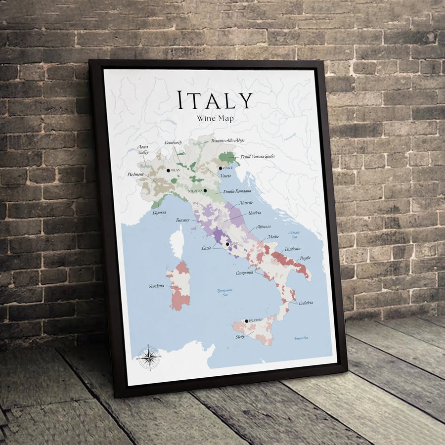 Italy Wine Map Canvas | Detailed Italian Viticulture Regions Art | Premium Gallery Wrapped Wall Decor | Perfect Gift For Wine Lovers