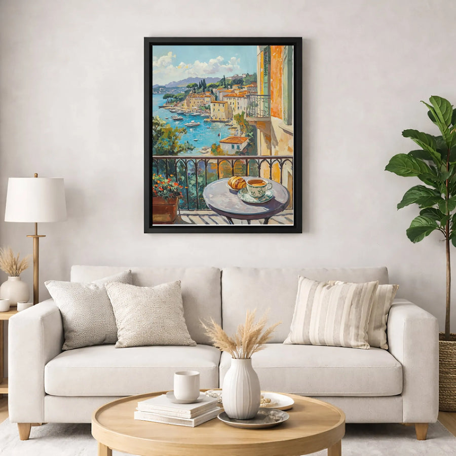 Italian Riviera Canvas Print | Coastal Amalfi Balcony View with Coffee | Gallery-Wrapped Premium Wall Art | Mediterranean Home Decor Gift