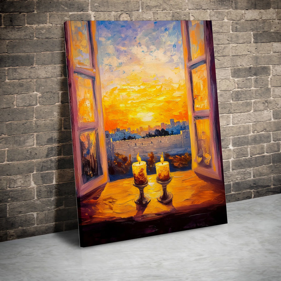 Jerusalem Shabbat Candles Canvas Wall Art | Golden Sunset Oil Painting Style | Premium 1.25" Gallery Wrap | Spiritual Jewish Home Decor Gift