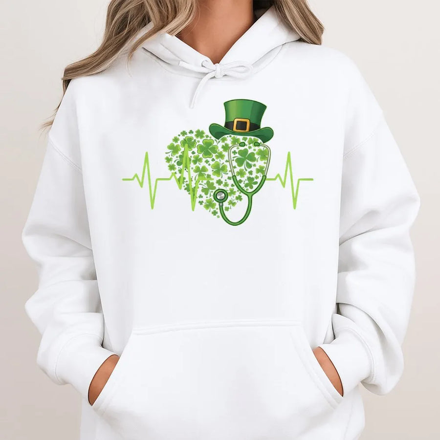 St. Patrick's Day Nurse Hoodie | Shamrock Heartbeat Stethoscope Design | Cotton-Blend Premium Comfort | Funny Gift for Nurses & Healthcare Workers
