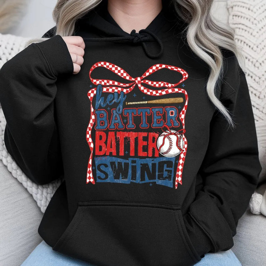 Baseball Mom Hoodie | Hey Batter Batter Swing Graphic | Premium Cotton Blend | Gift for Softball Fans and Sports Enthusiasts