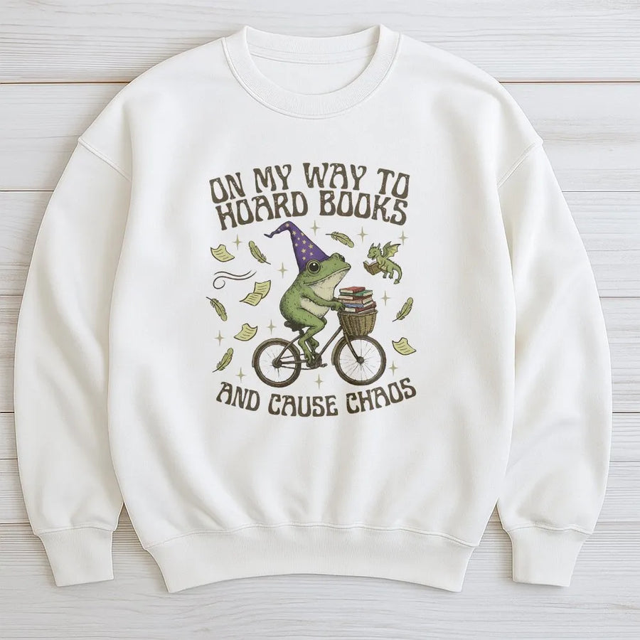 Funny Frog Book Lover Sweatshirt | Hoard Books Cause Chaos Graphic | Vintage Cottagecore Style | Unisex Bookish Gift for Readers