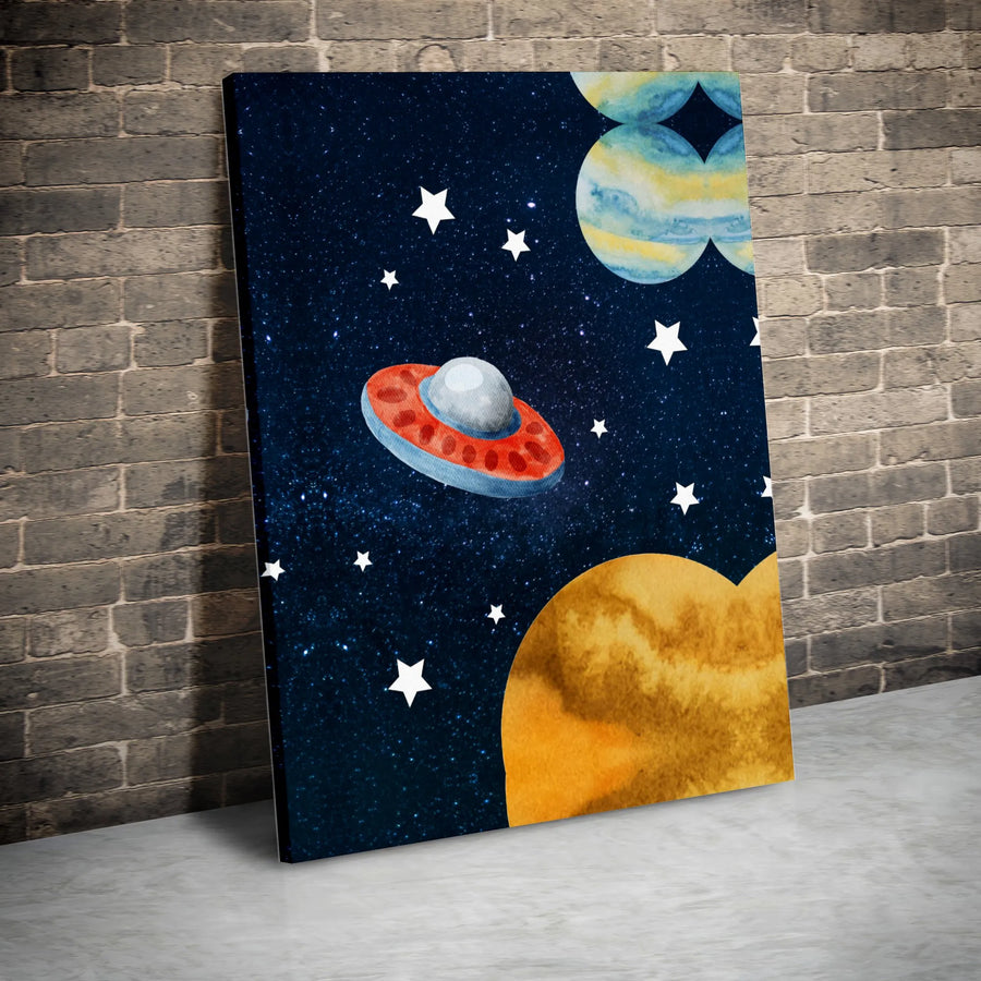 UFO Spaceship Wall Art | Watercolor Outer Space Planet Decor | Premium Gallery-Wrapped Canvas | Kids Room Space Theme Gift