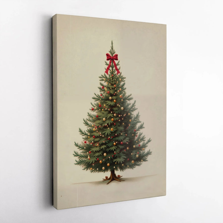 Vintage Christmas Tree Canvas Wall Art | Red Bow Topper Festive Decor | 1.25 Inch Gallery Wrap | Holiday Home Interior Gift