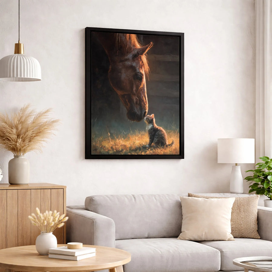 Horse and Kitten Wall Art | Whimsical Animal Friendship Painting | Premium Gallery-Wrapped Canvas | Heartwarming Farmhouse Decor Gift