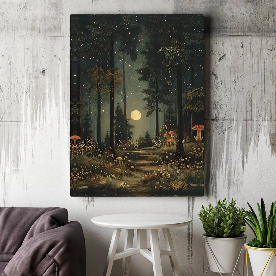 Enchanted Forest Canvas Wall Art | Moonlit Woodland with Fireflies & Mushrooms | Premium Frameless Canvas | Whimsical Nursery Decor Gift