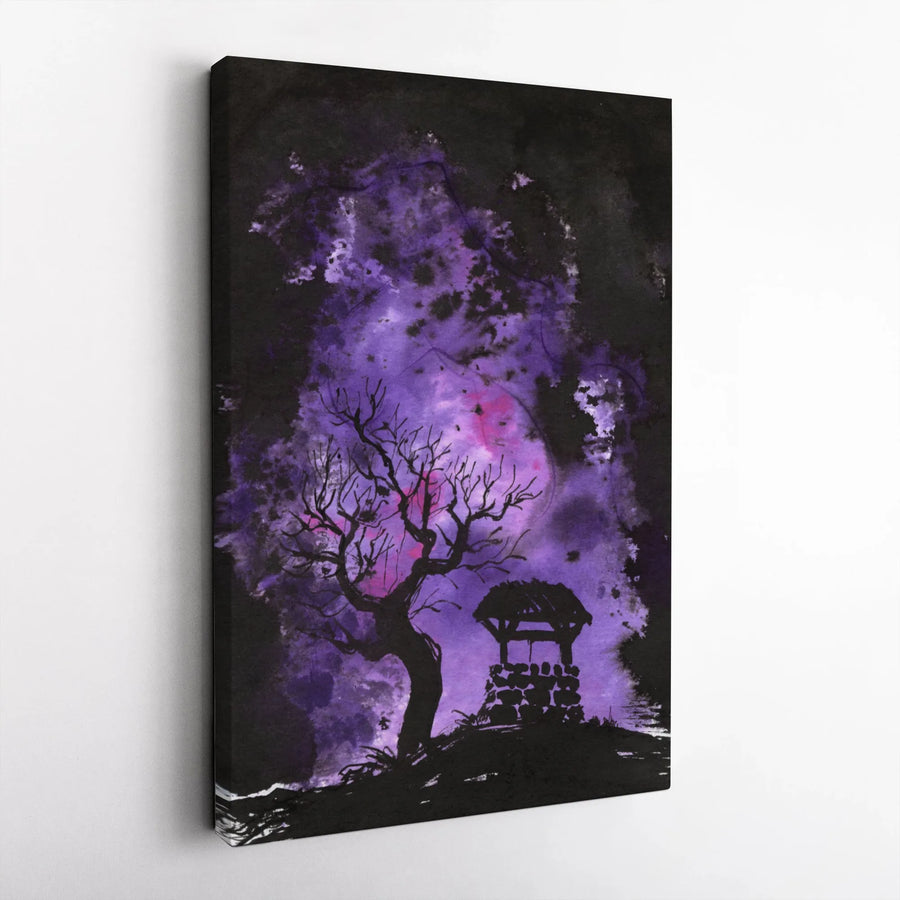 Spooky Well And Tree Canvas | Purple Night Sky Gothic Wall Art | Premium 1.25-Inch Gallery Wrap | Ready To Hang Dark Academia Decor