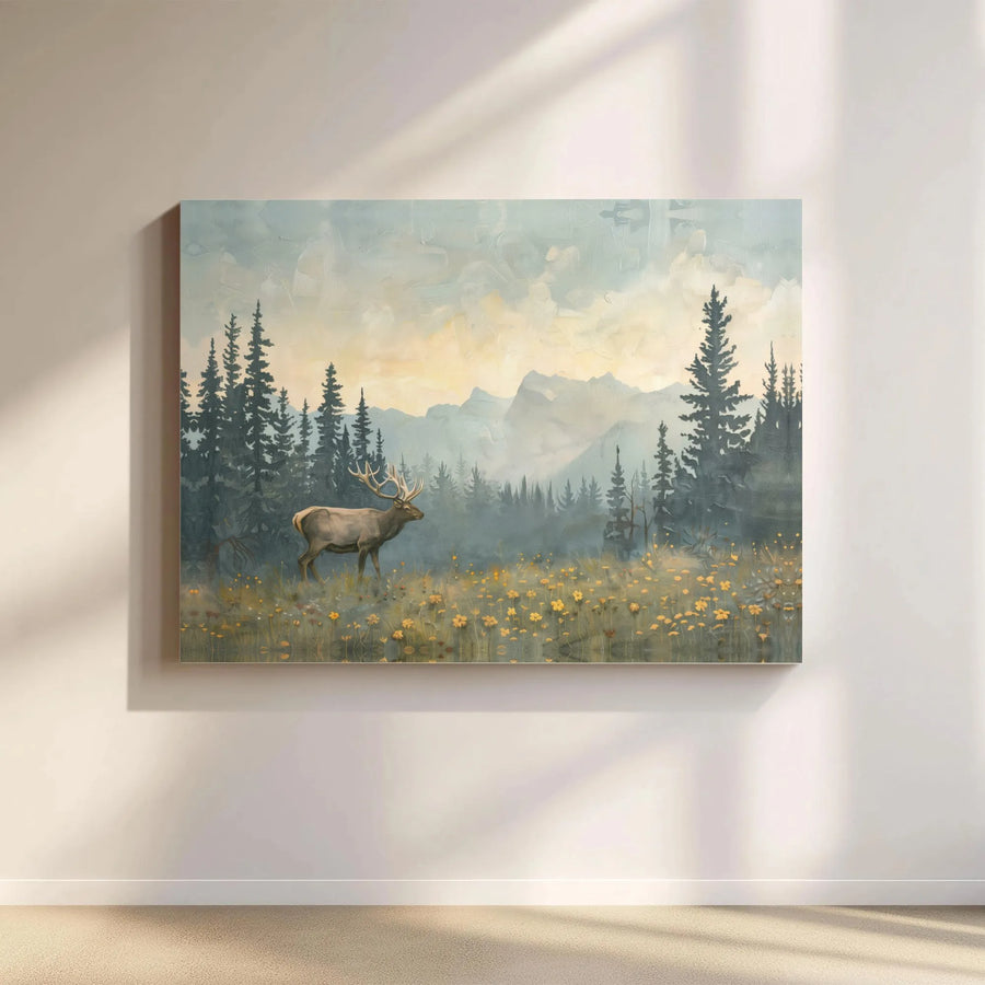 Vintage Elk Canvas Wall Art | Misty Pine Tree Landscape Painting | Premium Gallery Wrapped Art | Rustic Cabin & Lodge Decor Gift