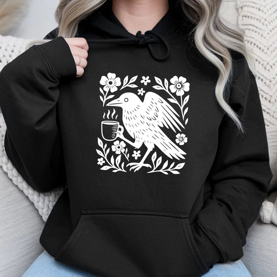 Gothic Crow Coffee Lover Hoodie | Vintage Floral Bird Graphic Sweatshirt | Premium Cotton Blend | Dark Academia Unisex Gift