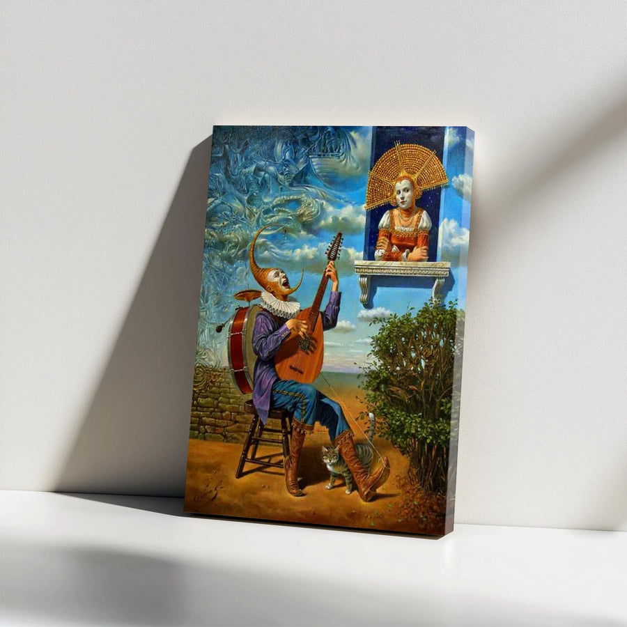 Surrealist Jester Canvas Print | Fantasy Musician and Maiden Wall Art | Premium Gallery Wrapped Canvas | Collector's Gift for Eclectic Home Decor