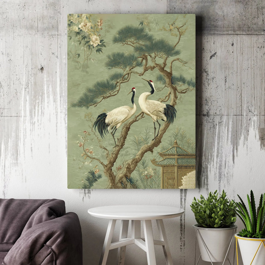 Chinoiserie Crane Canvas Wall Art | Vintage Asian Inspired Pine Tree Print | 1.25" Thick Gallery Wrap | Elegant Home Decor Gift