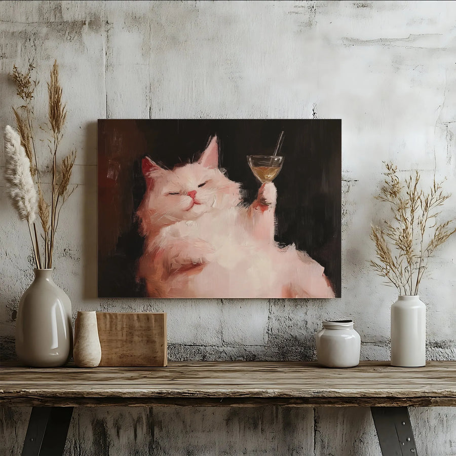 Funny Cat Drinking Martini Horizontal Canvas | Whimsical White Cat Oil Painting Style Art Print | Fade-Resistant Gallery Quality Canvas | Humorous Gift for Cat Lovers, Home Bar Decor