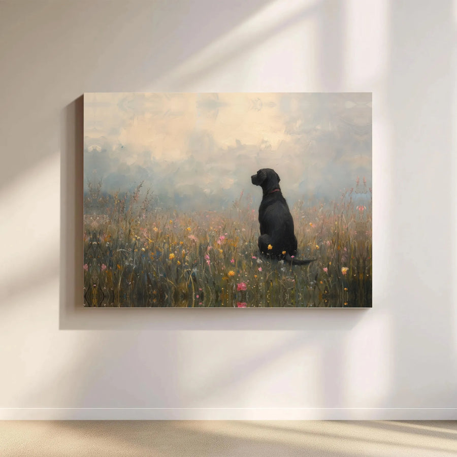Black Labrador Canvas Wall Art | Impressionist Wildflower Field Painting | 1.25-Inch Gallery Wrap Premium Print | Dog Lover Home Decor Gift