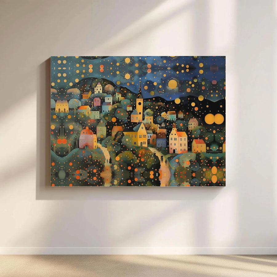 Whimsical Starry Night Village Canvas Wall Art | Folk Art Starlit Town Print | Premium Gallery-Wrapped 1.25" Decor | Housewarming Gift for Art Lovers