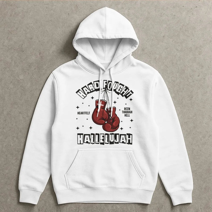Hard Fought Hallelujah Hoodie | Christian Boxing Gloves Graphic | Cotton-Poly Blend Premium Apparel | Faith Warrior Motivation Gift For Men Women