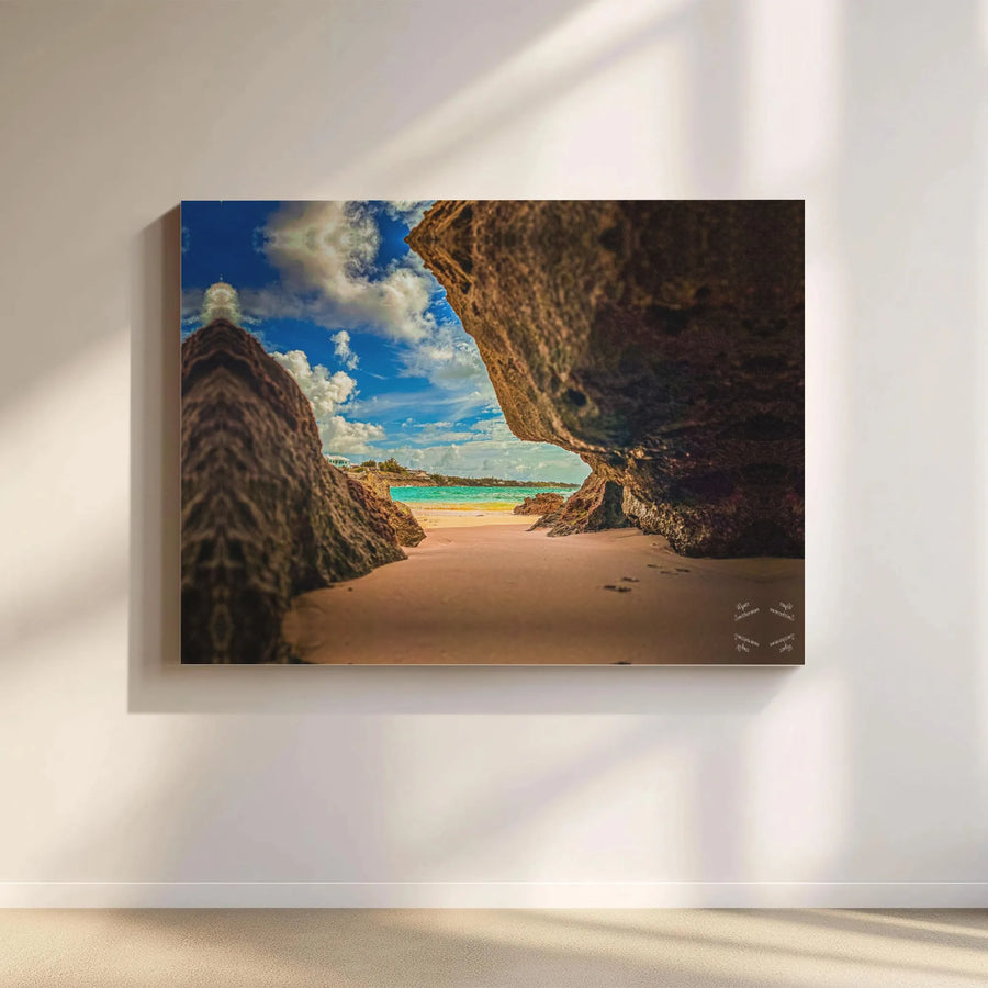 Tropical Beach Cove Canvas Wall Art | Ocean View Through Coastal Rocks | Premium Gallery-Wrapped Print | Coastal Home Decor Gift