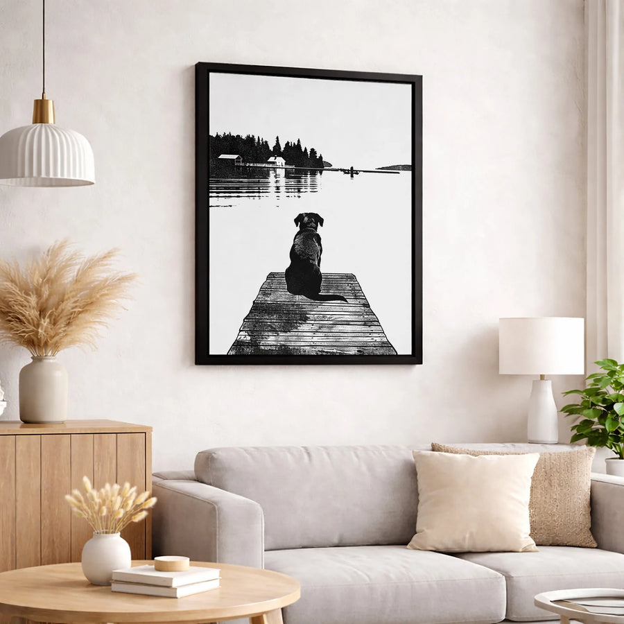 Dog on Dock Canvas Art | Lake Landscape Silhouette | Premium 1.25 Inch Gallery Wrap | Wildlife Nature Wall Decor for Dog Lovers