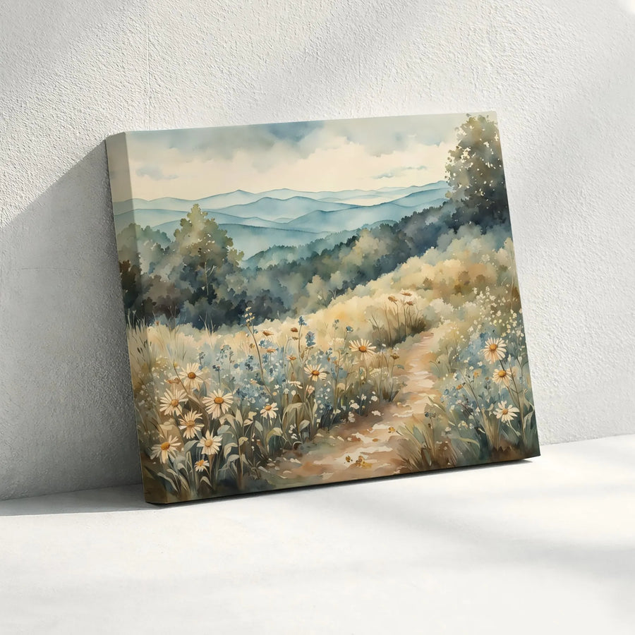 Watercolor Mountain Landscape Canvas | Wildflower Meadow Path Art | Premium Fade-Resistant Wall Decor | Serene Nature Print Gift For Home Office