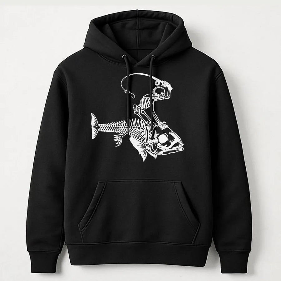 Fishing Skeleton Hoodie | Funny Skeleton Riding Fish Graphic | Premium Cotton Blend Unisex Sweatshirt | Perfect Gift For Fishermen And Fishing Dads