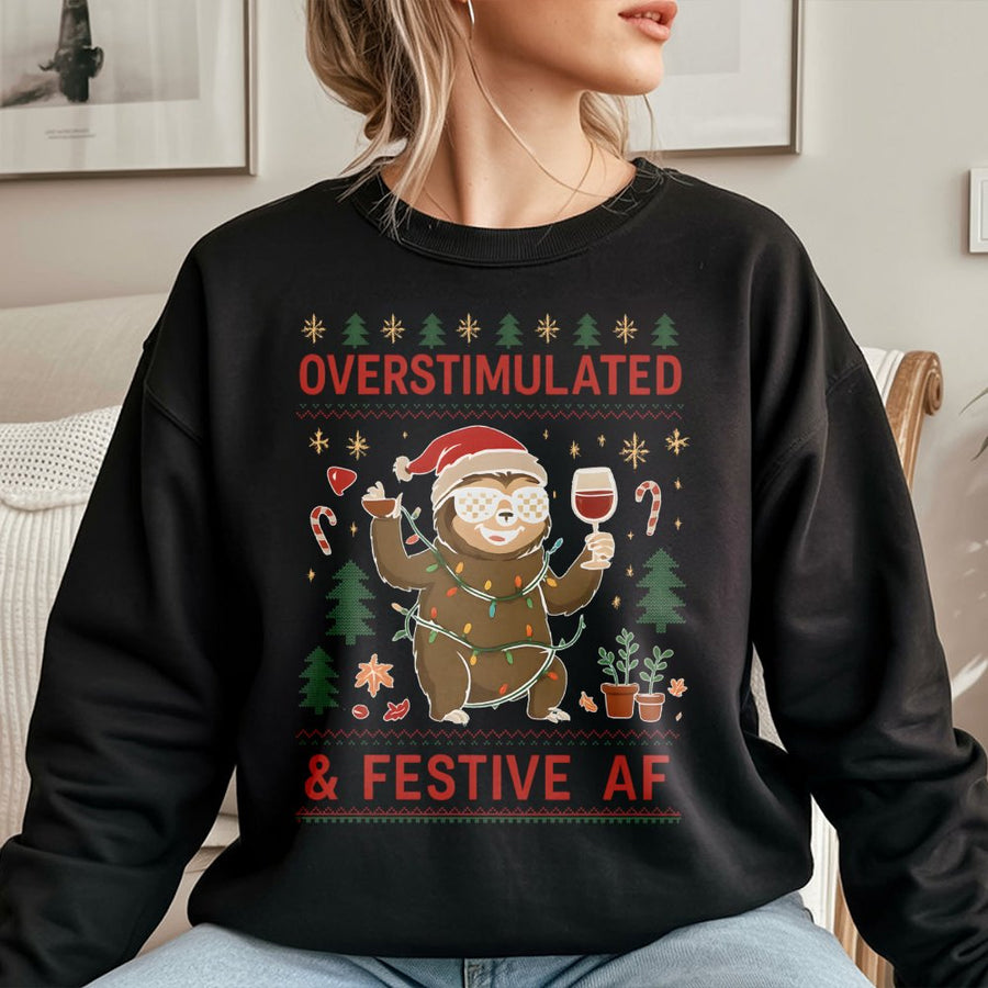Overstimulated Sloth Sweatshirt | Funny Wine Christmas Sweater | Cozy Unisex Holiday Gift | Premium Soft Winter Pullover