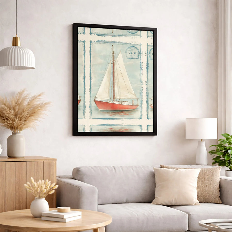 Vintage Red Sailboat Wall Art | Nautical Postage Stamp Design | Premium Gallery-Wrapped Canvas | Coastal Home Decor Gift