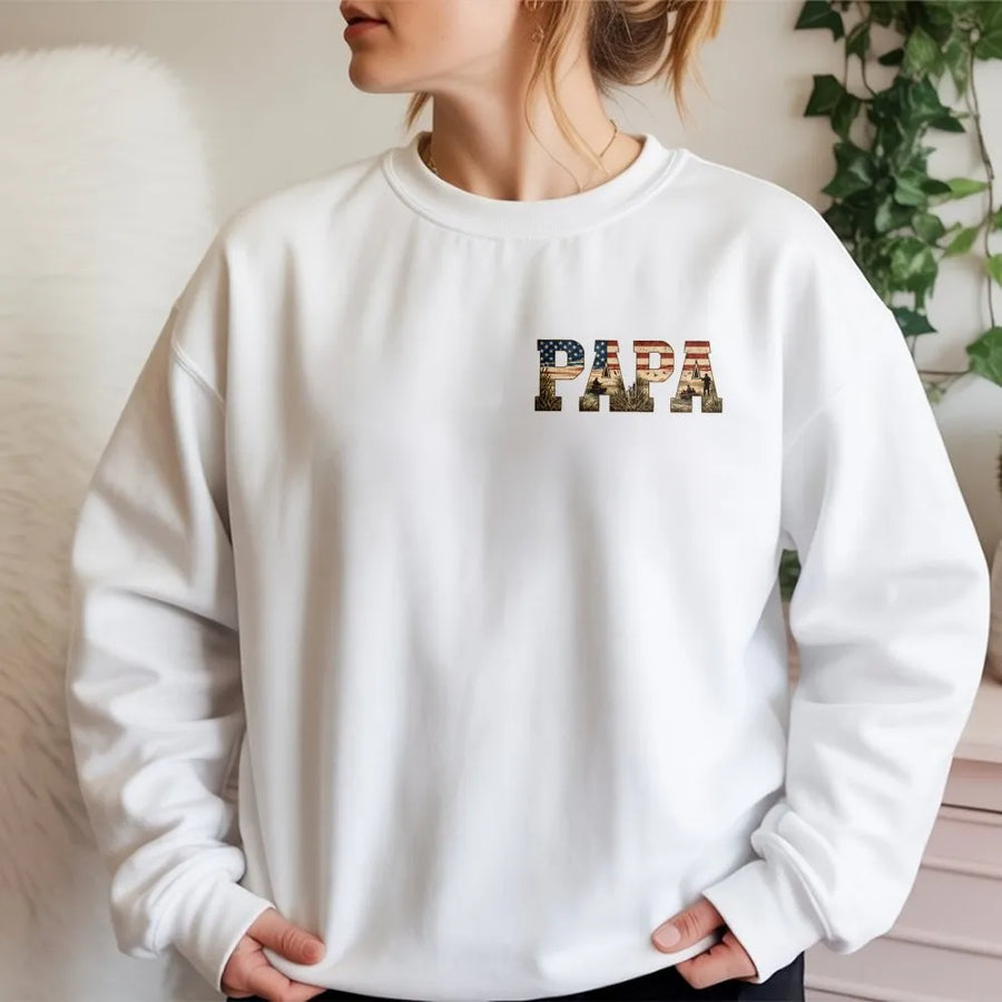 Military Papa Sweatshirt | American Flag Camo Design | Premium Crewneck Pullover | Veteran Father's Day Gift for Dad Grandpa