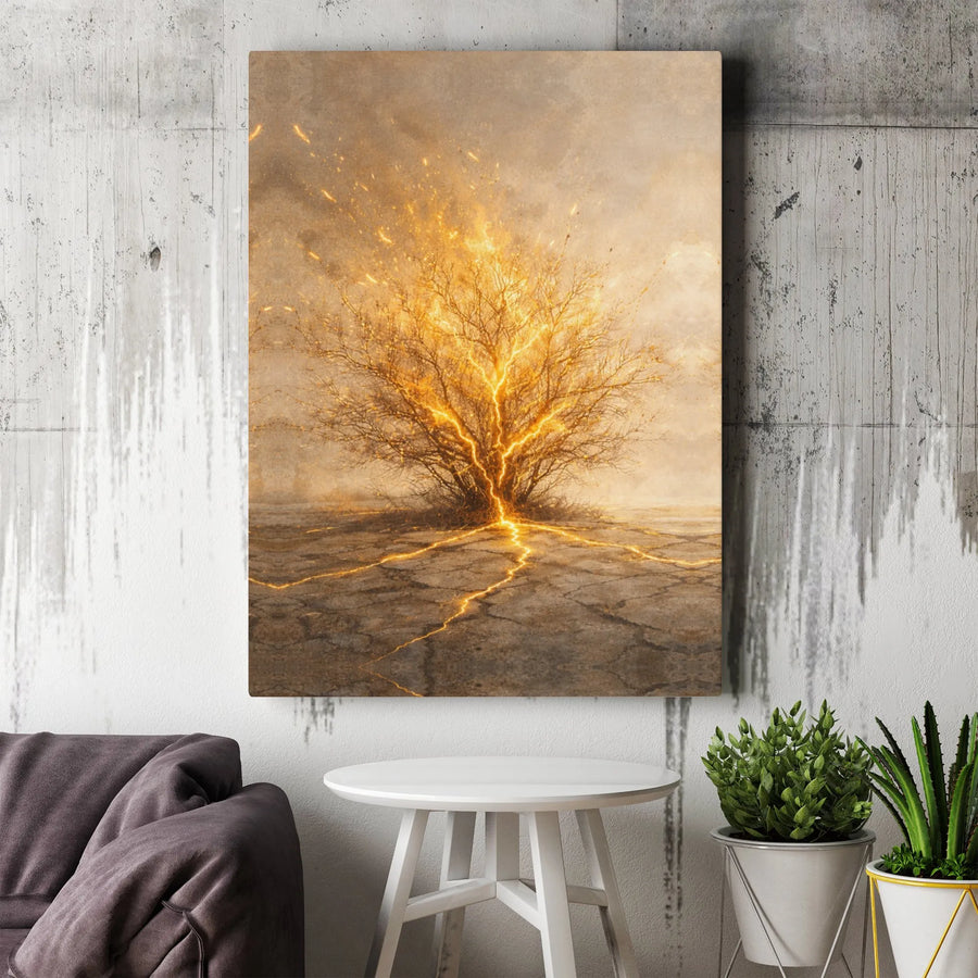 Lightning Tree Canvas Wall Art | Golden Energy & Glowing Roots | Premium Gallery Wrapped Canvas | Modern Abstract Home Decor Gift